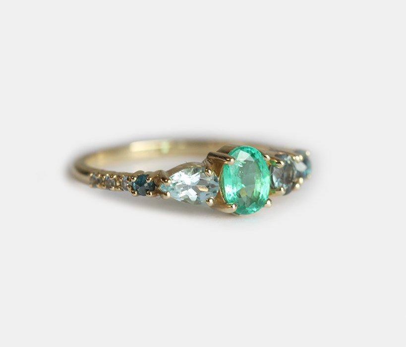 Oval Emerald Cluster Ring with White, Blue Diamonds, Sapphire and Aquamarine Stones