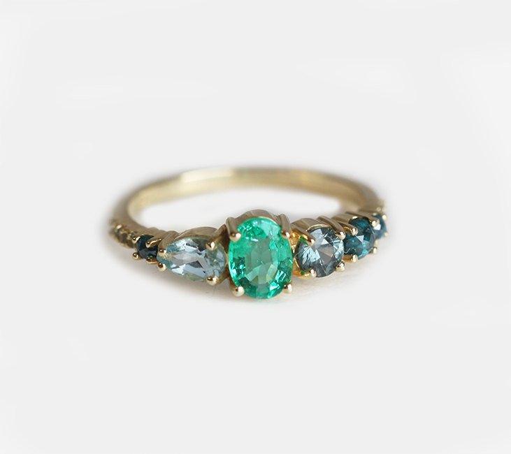 Oval Emerald Cluster Ring with White, Blue Diamonds, Sapphire and Aquamarine Stones