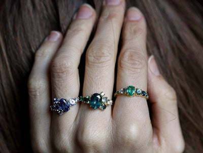 Oval Emerald Cluster Ring with White, Blue Diamonds, Sapphire and Aquamarine Stones