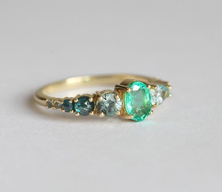 Oval Emerald Cluster Ring with White, Blue Diamonds, Sapphire and Aquamarine Stones