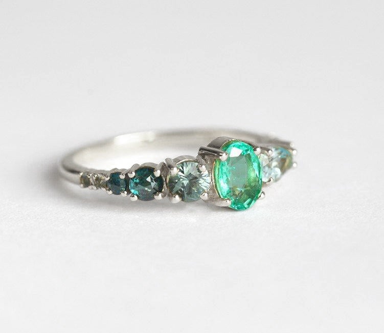 Oval Emerald Cluster Ring with White, Blue Diamonds, Sapphire and Aquamarine Stones