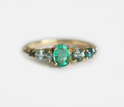 Oval Emerald Cluster Ring with White, Blue Diamonds, Sapphire and Aquamarine Stones