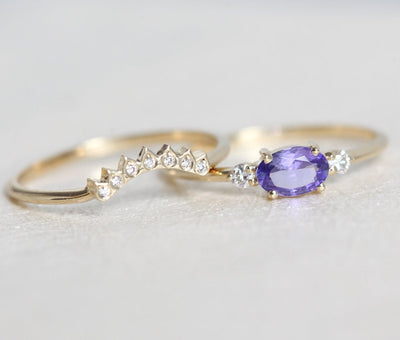 Three-Stone Purple Oval Tanzanite Ring with 2 Accent Round White Diamonds and Crown Diamond Band