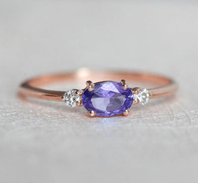 Three-Stone Purple Oval Tanzanite Ring with 2 Accent Round White Diamonds
