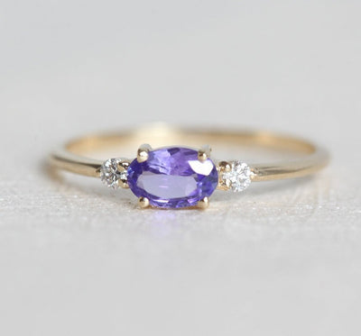 Three-Stone Purple Oval Tanzanite Ring with 2 Accent Round White Diamonds