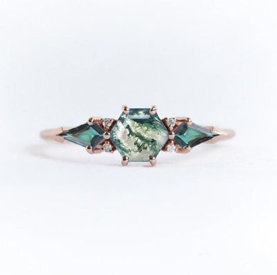 White Green Hexagon Moss Agate Ring with Side Kite Topaz Stones and Round White Diamonds