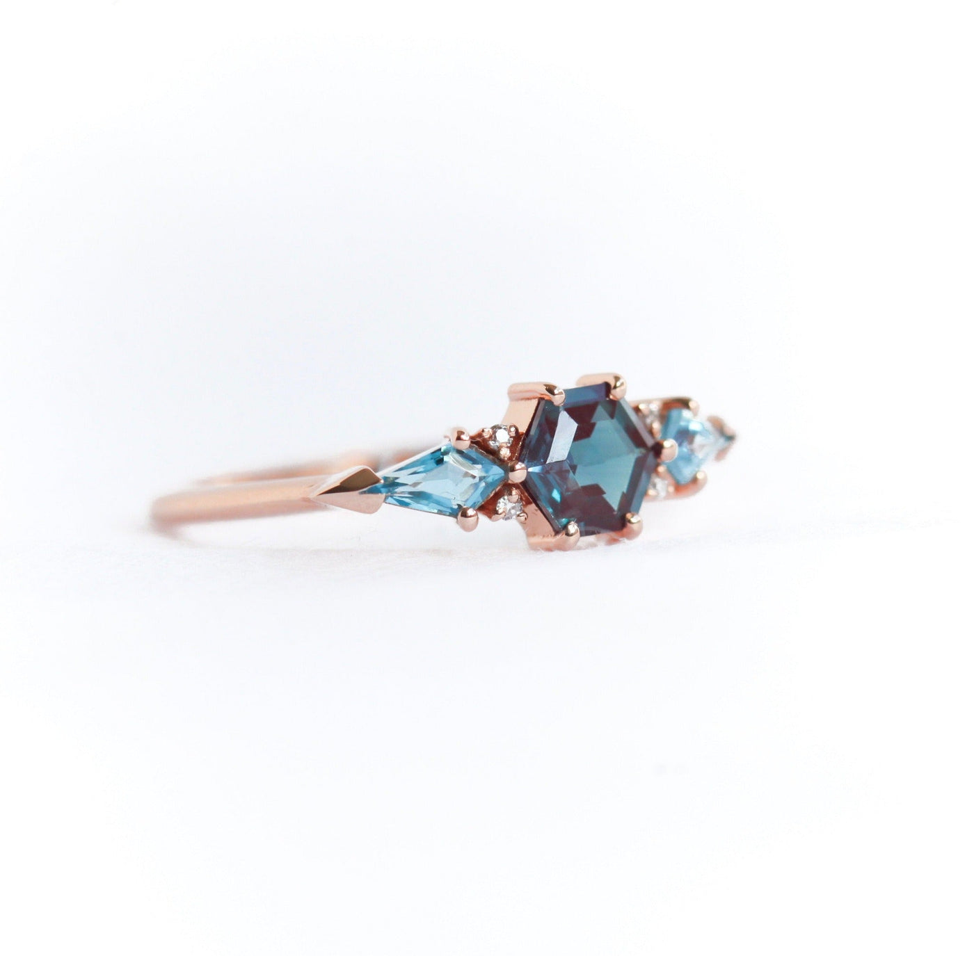 Hexagon Moss Agate Ring with Side Kite Topaz Stones and Round White Diamonds