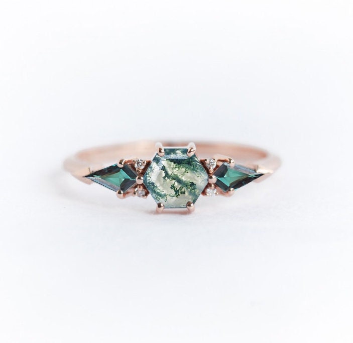 White Green Hexagon Moss Agate Ring with Side Kite Topaz Stones and Round White Diamonds