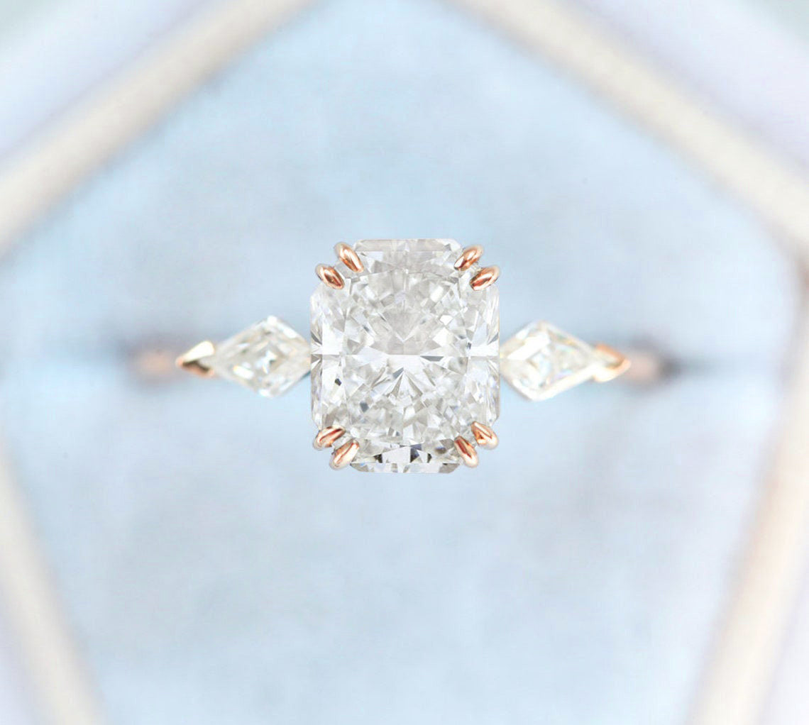 3-Stone Unique Radiant Cut White Diamond with 2 Side Kite Diamonds