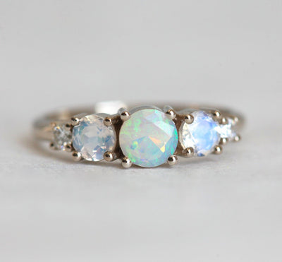Round Opal Cluster Ring with Side Moonstones and White Diamonds