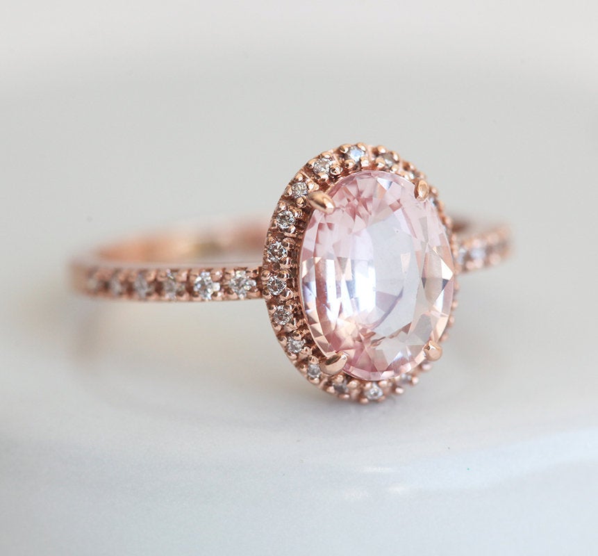 Chloe Halo Diamond Oval Peach Sapphire Ring-Capucinne