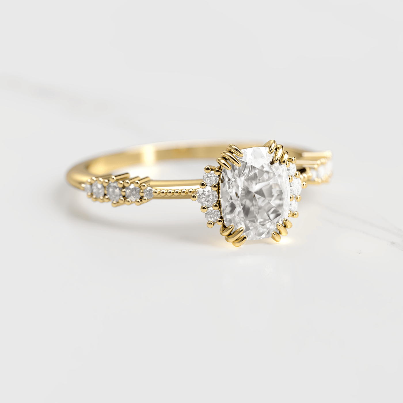 Unique Cushion-Cut White Diamond Engagement Prong Ring with Side White Round Diamonds