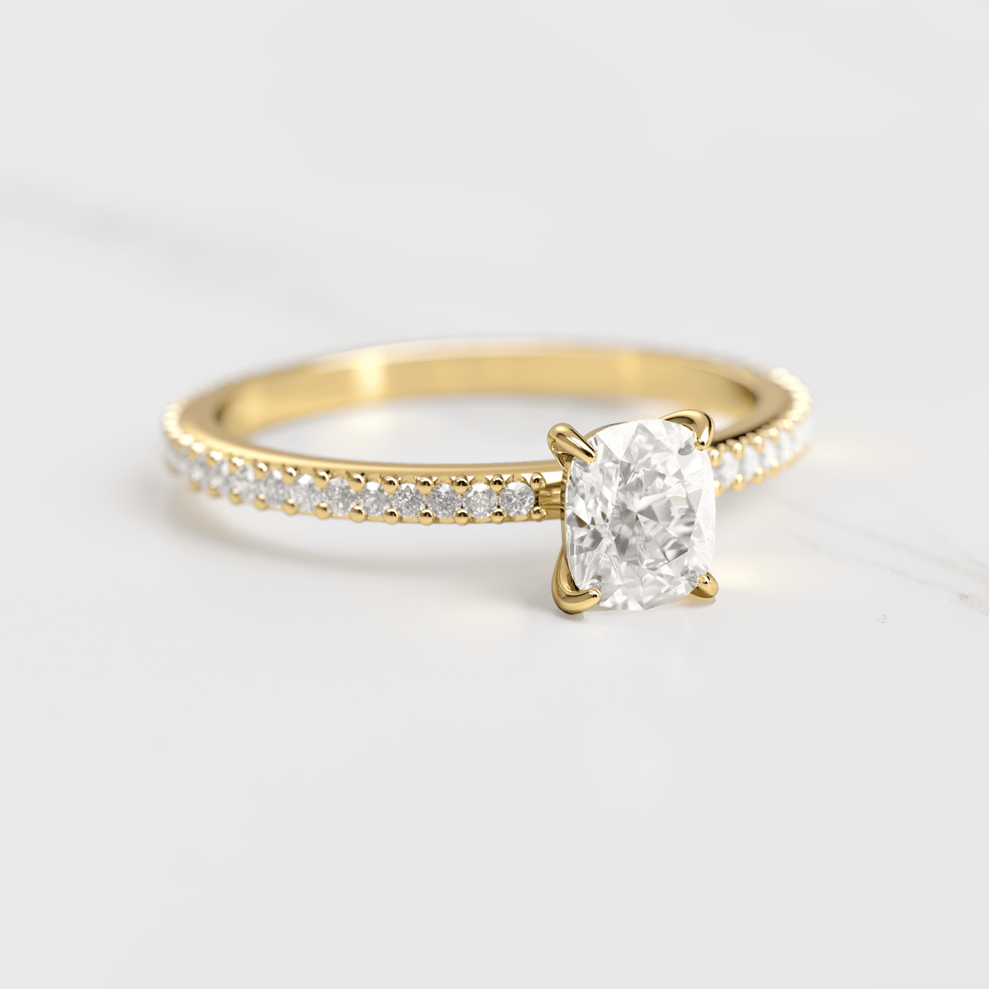 Cushion-Cut Diamond with Full Pave Gold Ring