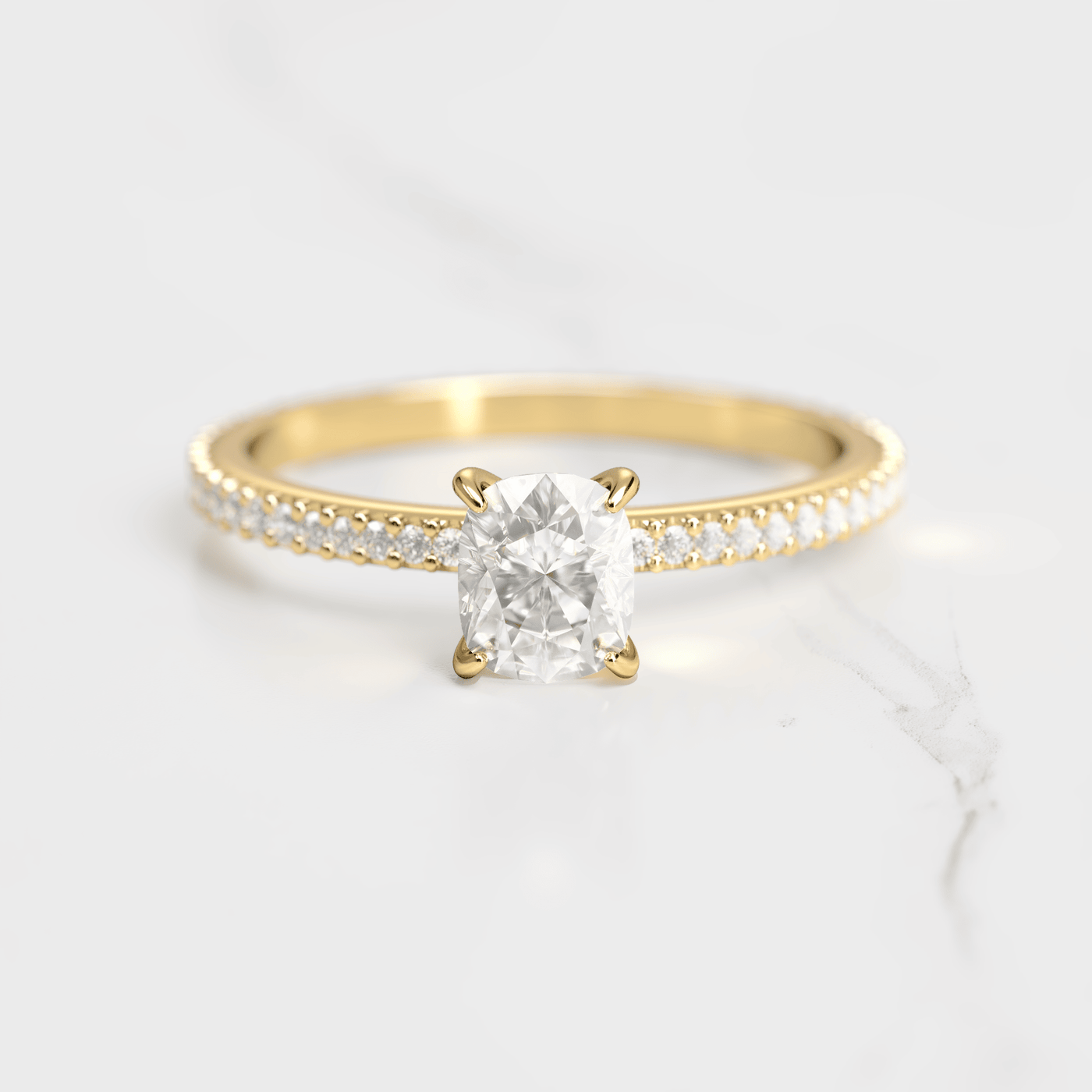 Cushion-Cut Diamond with Full Pave Gold Ring