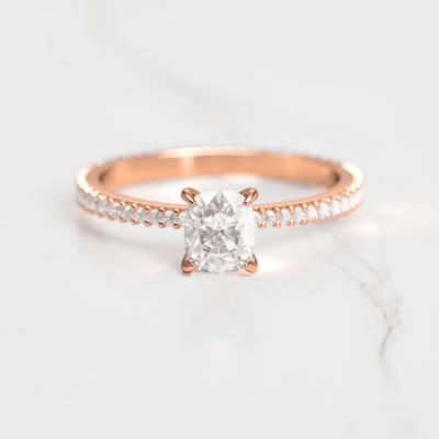 Cushion-Cut Tapered Diamond with Full Pave Gold Ring