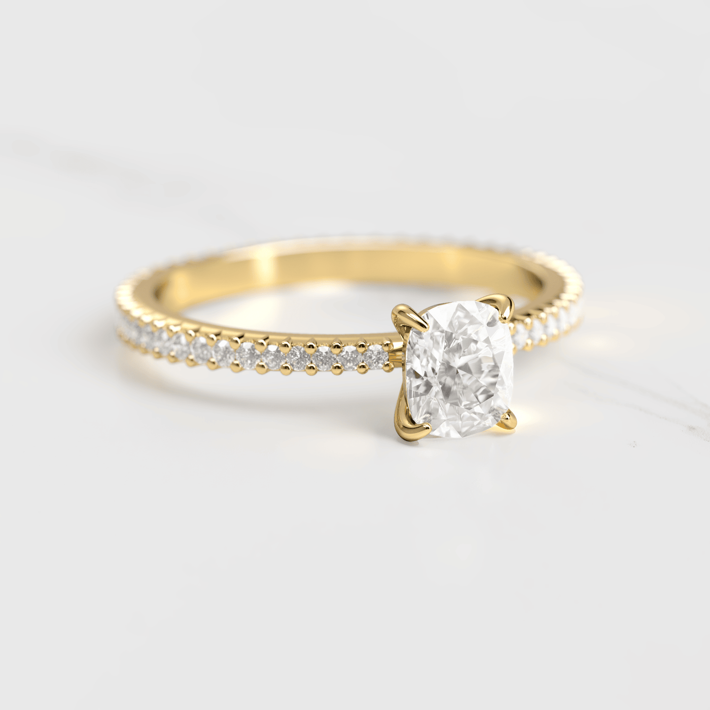Cushion-Cut Tapered Diamond with Full Pave Gold Ring