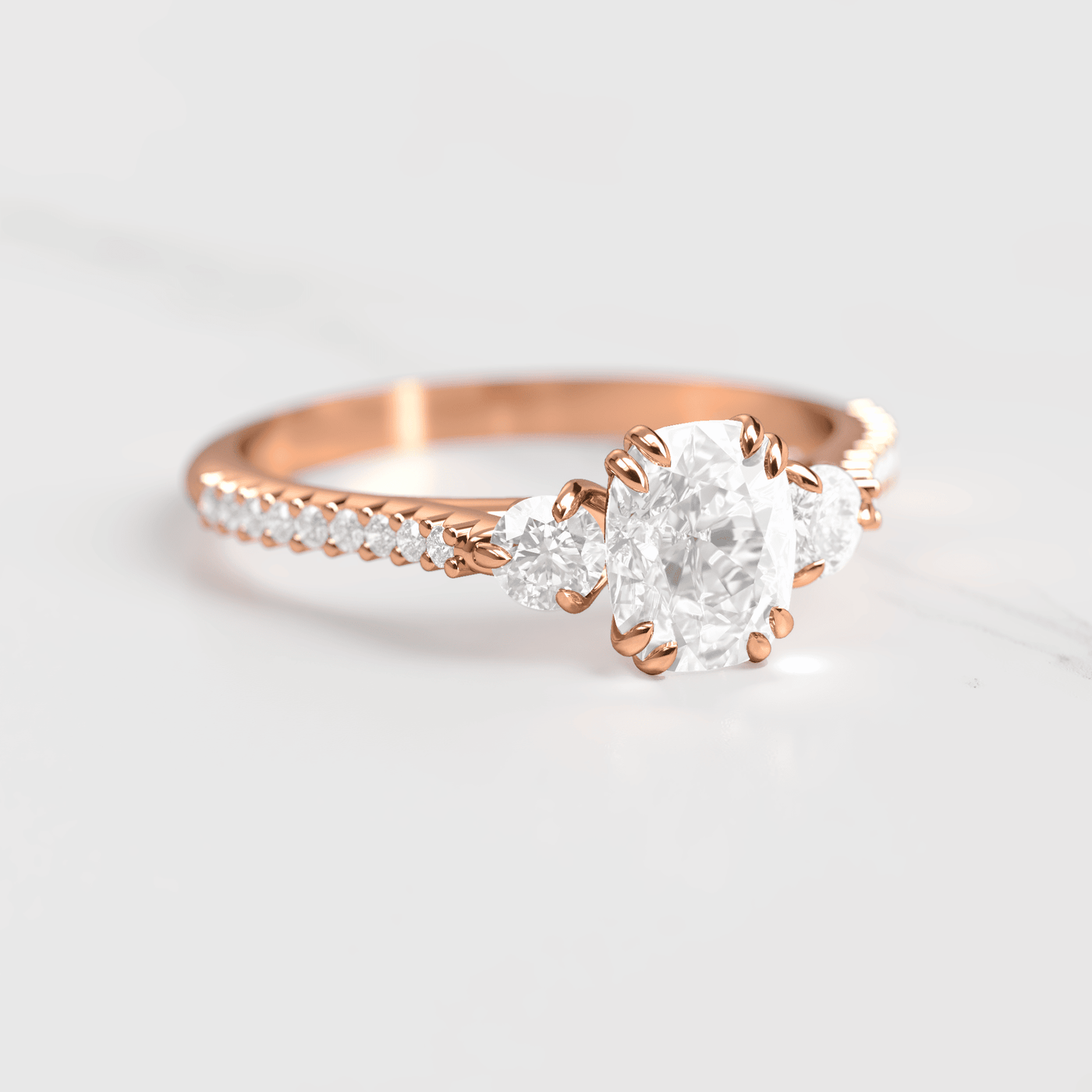 Cushion-Cut White Diamond with 2 Side Diamonds and Half Pave Gold Ring