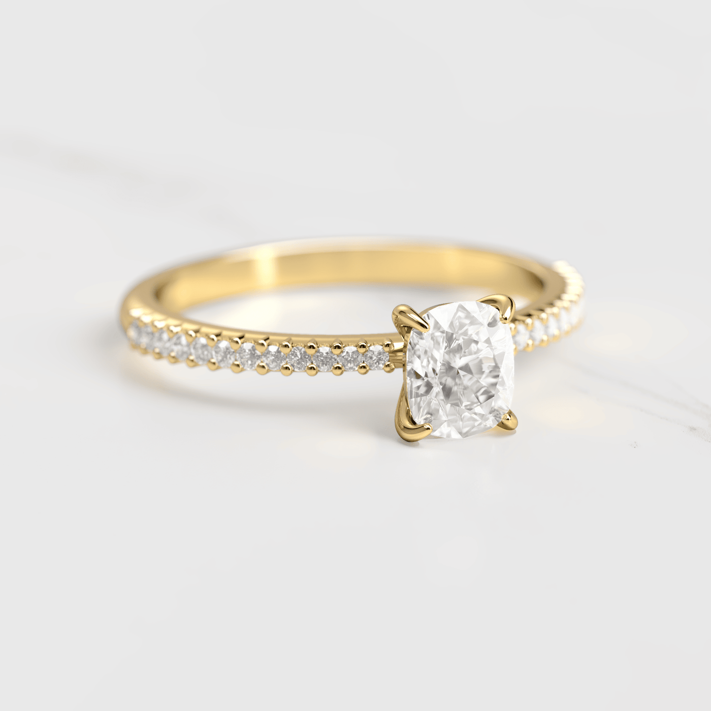 Cushion-Cut Tapered White Diamond with Half Pave Gold Ring