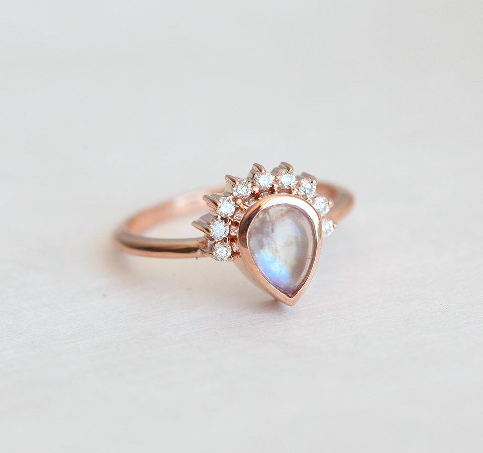 Pear Moonstone Engagement Halo Ring With Diamond Crown