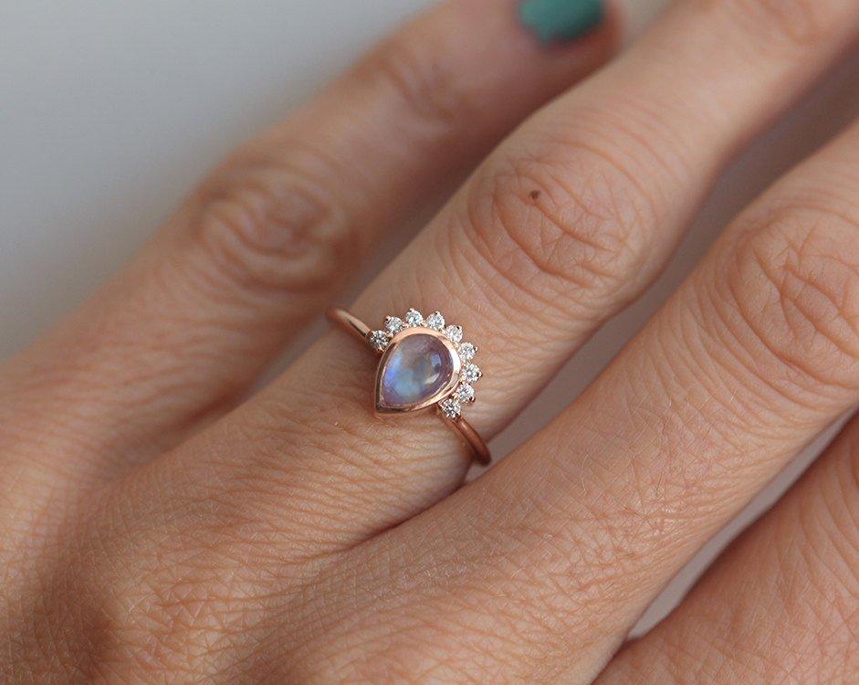 Pear Moonstone Engagement Halo Ring With Diamond Crown