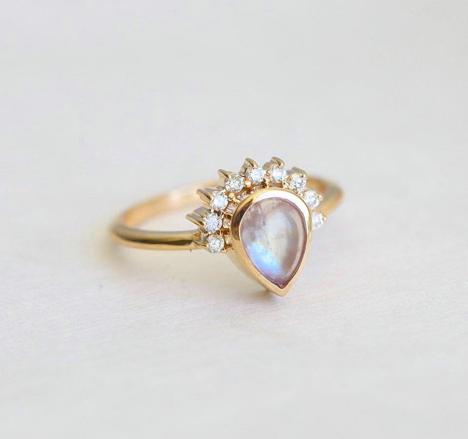Cabochon Moonstone Engagement Ring With Diamond Crown – Capucinne