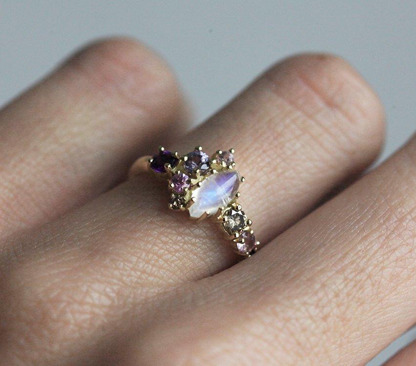Marquise-Cut Moonstone Engagement Ring with Amethyst, Sapphire and White Diamond