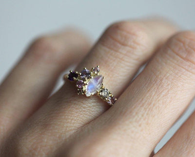 Marquise-Cut Moonstone Engagement Ring with Amethyst, Sapphire and White Diamond