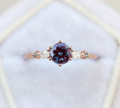 Teal Alexandrite Ring with Side Pear White Diamonds and Round Salt & Pepper Diamonds