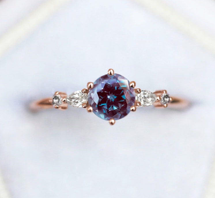 Teal Alexandrite Ring with Side Pear White Diamonds and Round Salt & Pepper Diamonds