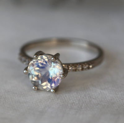 Round Moonstone Ring with White Diamonds
