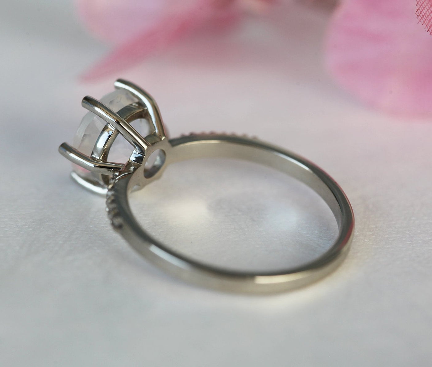 Round Moonstone Ring with White Diamonds