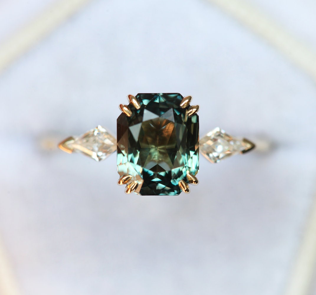 3-Stone Unique Radiant Cut Tourmaline with 2 Side Kite Diamonds