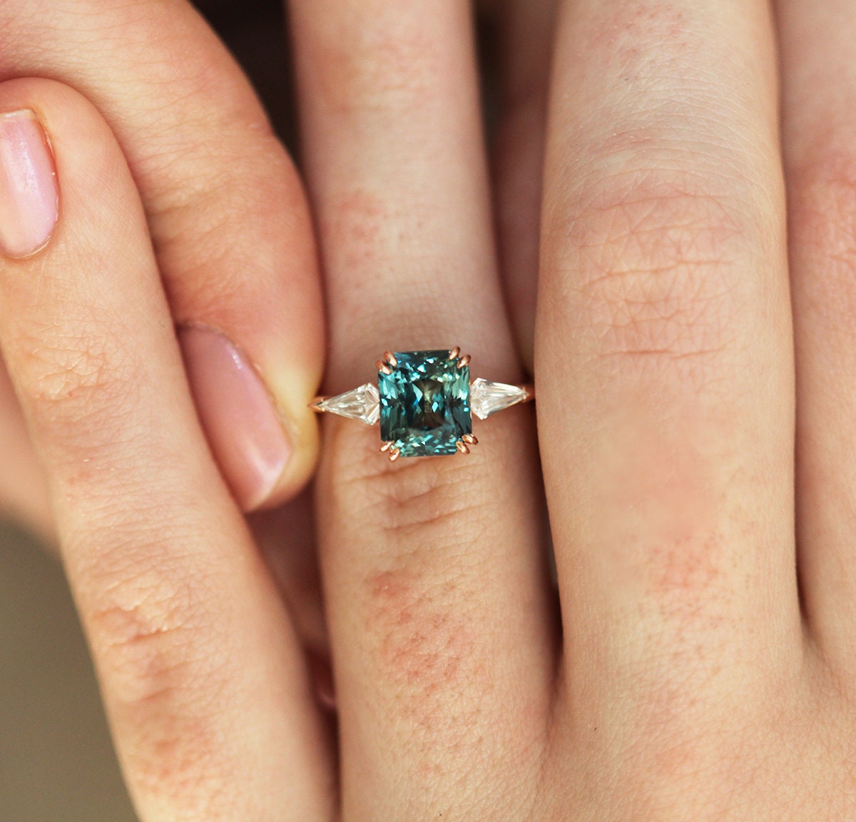 3-Stone Unique Radiant Cut Tourmaline with 2 Side Kite Diamonds