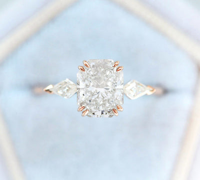 3-Stone Unique Radiant Cut White Diamond with 2 Side Kite Diamonds