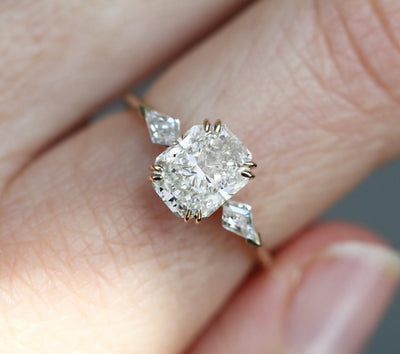 3-Stone Unique Radiant Cut White Diamond with 2 Side Kite Diamonds