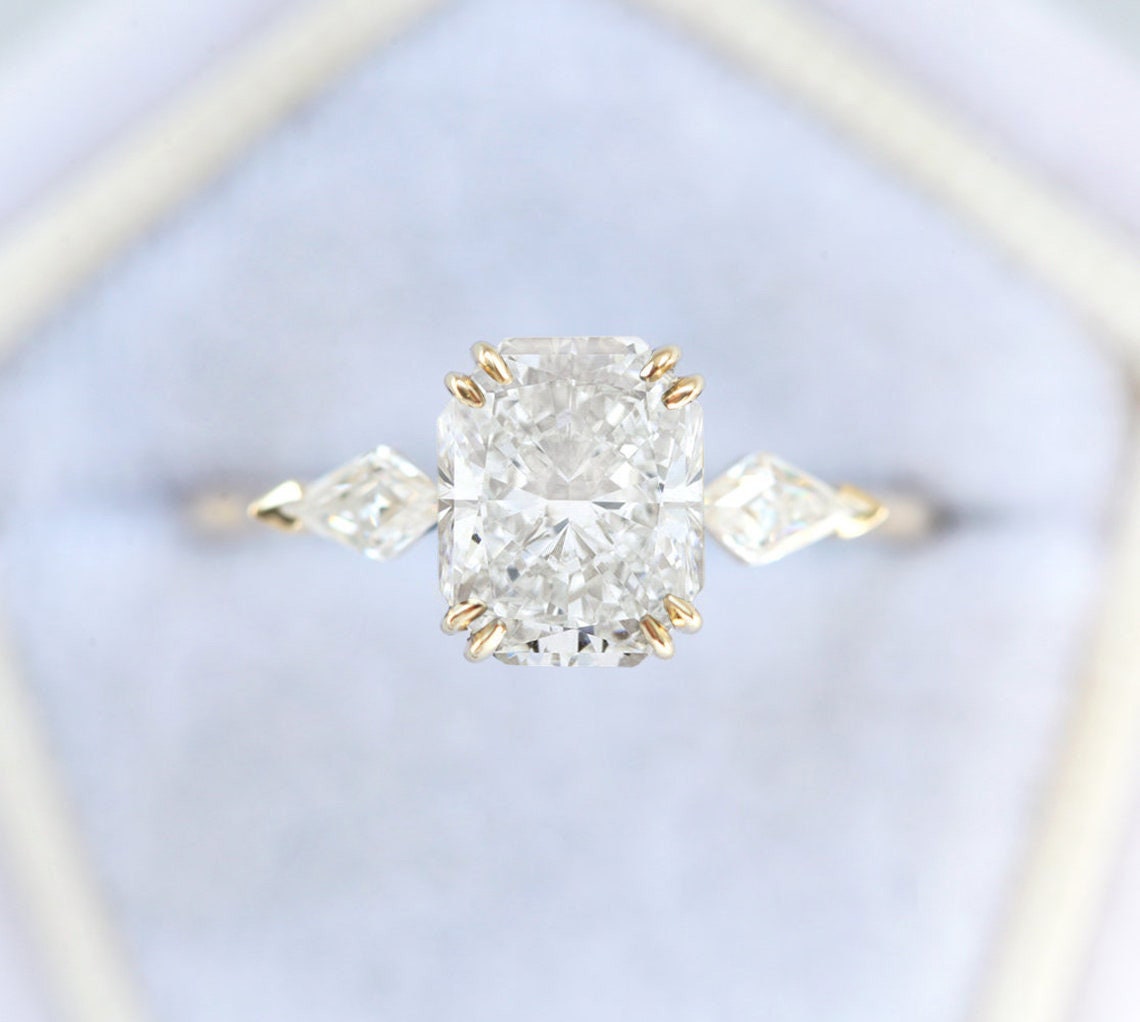 3-Stone Unique Radiant Cut White Diamond with 2 Side Kite Diamonds