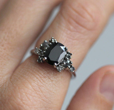 Oval Black Diamond Cluster Ring with Side Black Diamonds