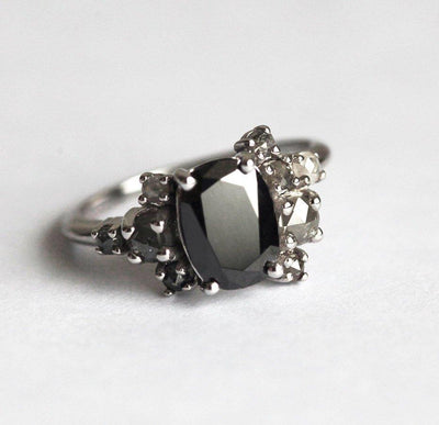 Oval Black Diamond Cluster Ring with Side Black Diamonds