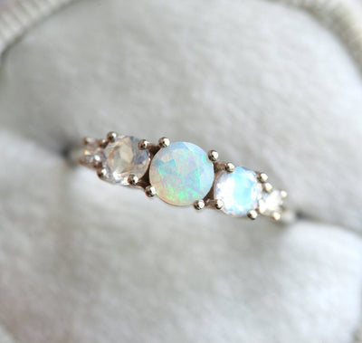 Round Opal Cluster Ring with Side Moonstones and White Diamonds