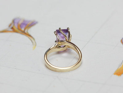 Baguette Amethyst Solitaire Gold Ring with Unique Bezel