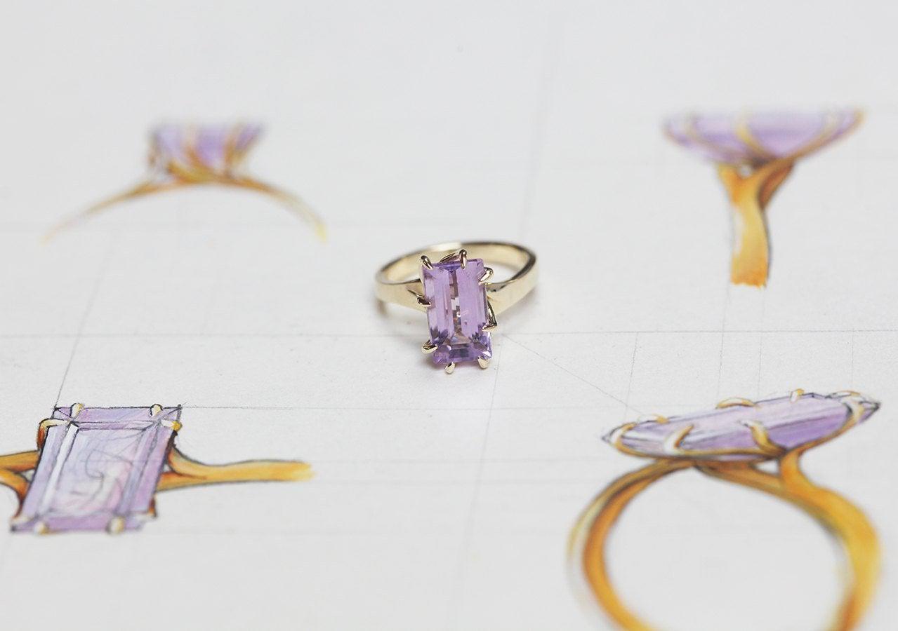 Baguette Amethyst Solitaire Gold Ring with Unique Bezel