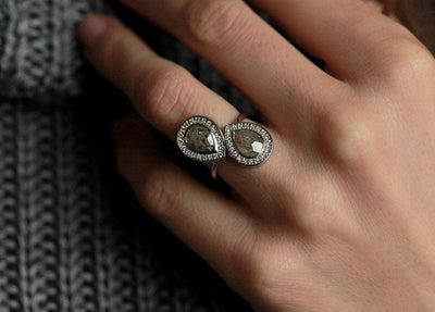 Pear Shape Salt & Pepper Diamond Ring with Round Side Diamonds