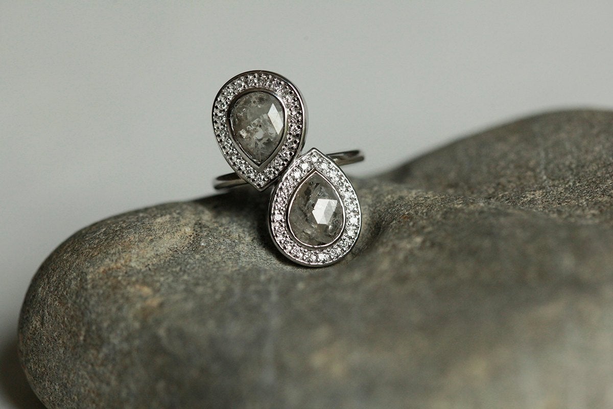 Pear Shape Salt & Pepper Diamond Ring with Round Side Diamonds