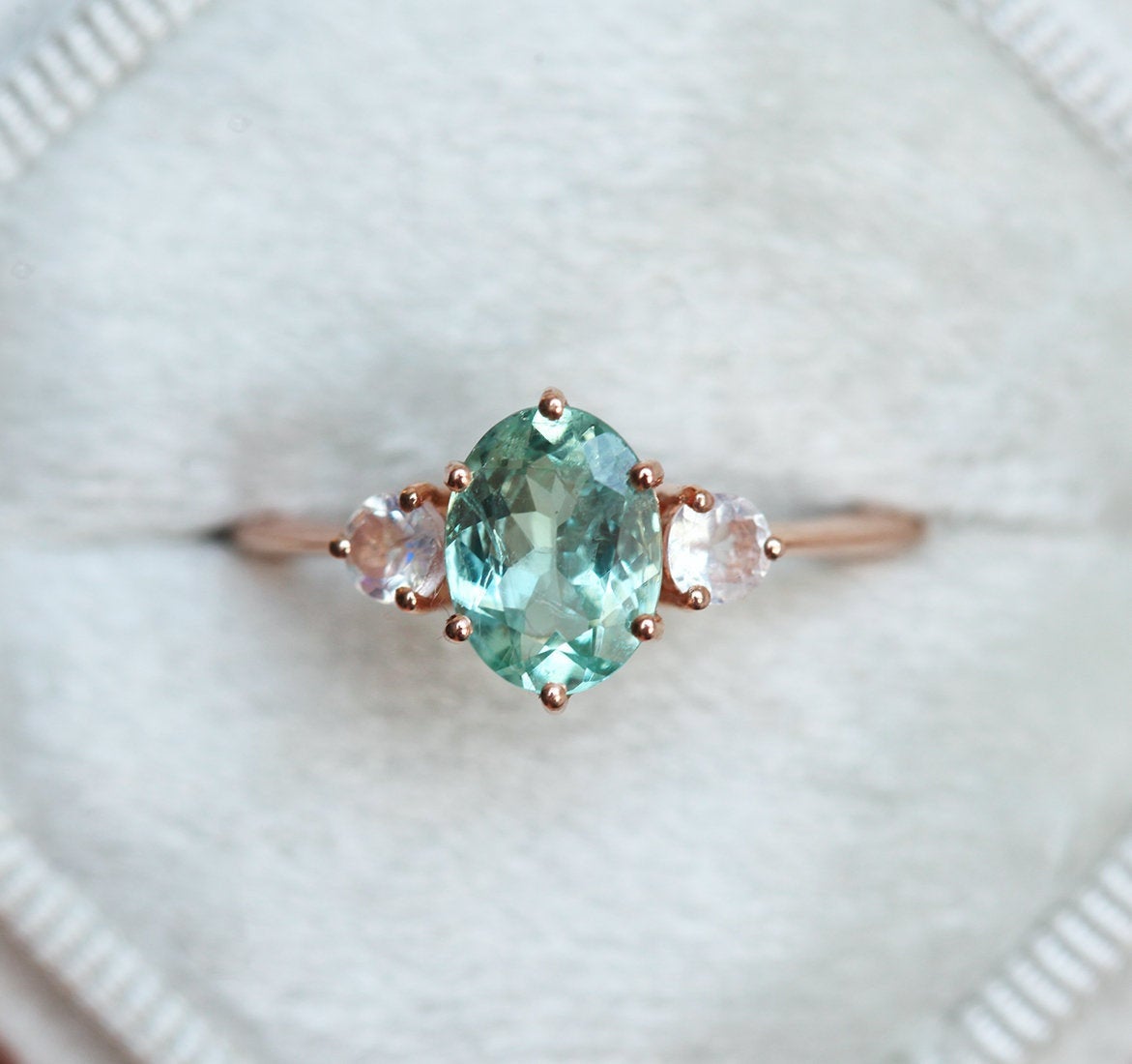 Mint Tourmaline Ring With 2 Side Moonstones
