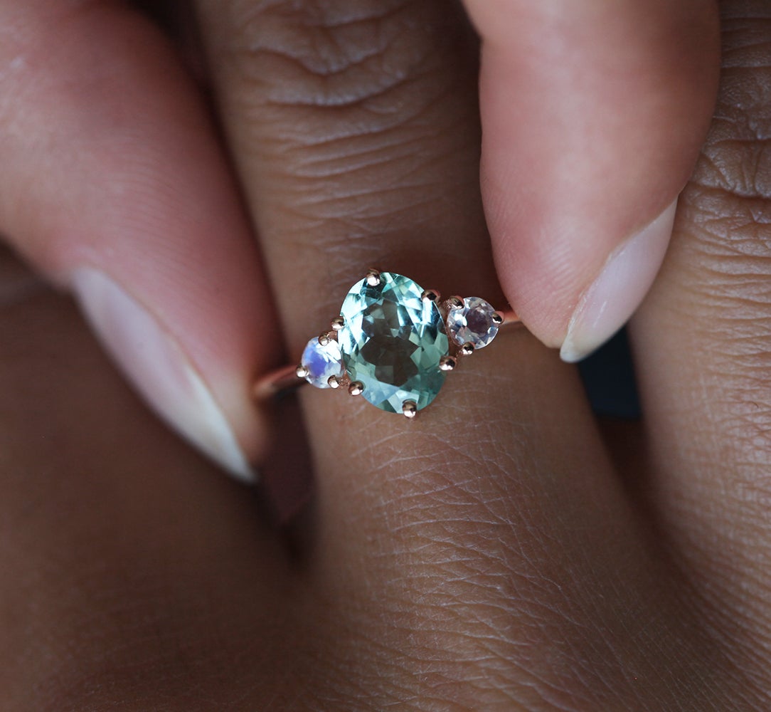 Mint Tourmaline Ring With 2 Side Moonstones
