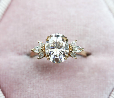 Oval White Diamond Engagement Ring with Side Marquise-Cut White Diamonds