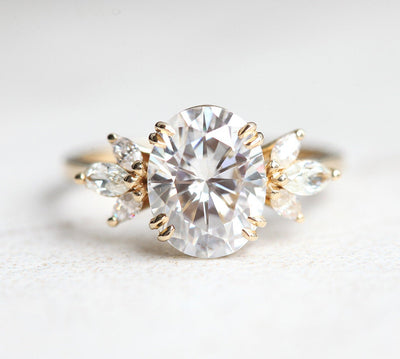 Oval White Diamond Engagement Ring with Side Marquise-Cut White Diamonds