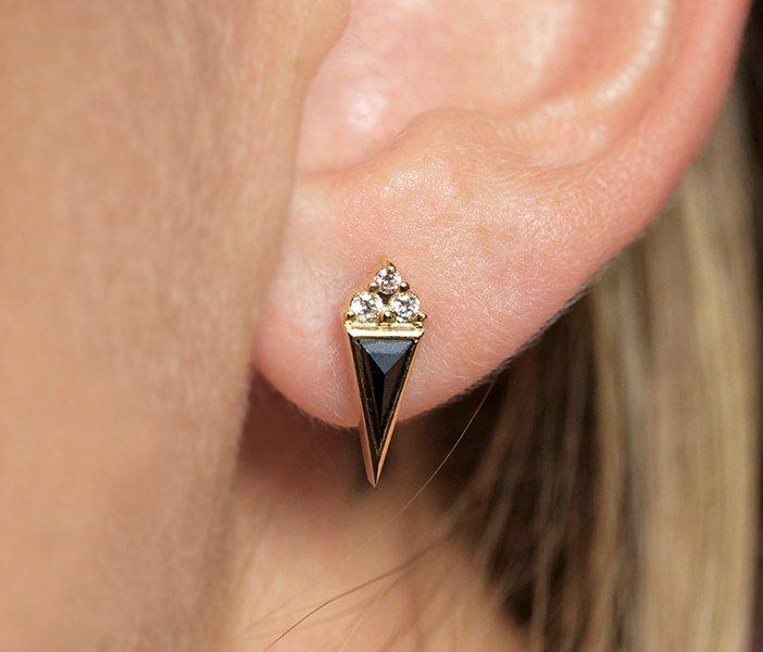 Triangle Black Diamond Stud Earrings with Smaller Round White Side Diamonds