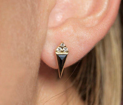 Triangle Black Diamond Stud Earrings with Smaller Round White Side Diamonds