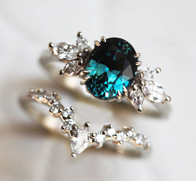 Nested marquise-cut white diamond cluster wedding band with matching ring